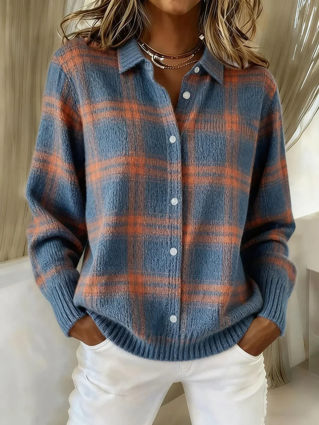 Women's Plaid Collared Button-Front Knit Cardigan