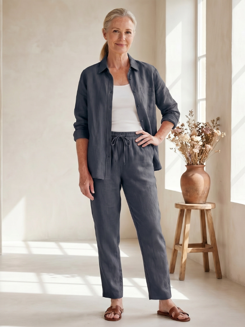 Women’s Long Sleeve Button Down Shirt And Tapered Pants Set