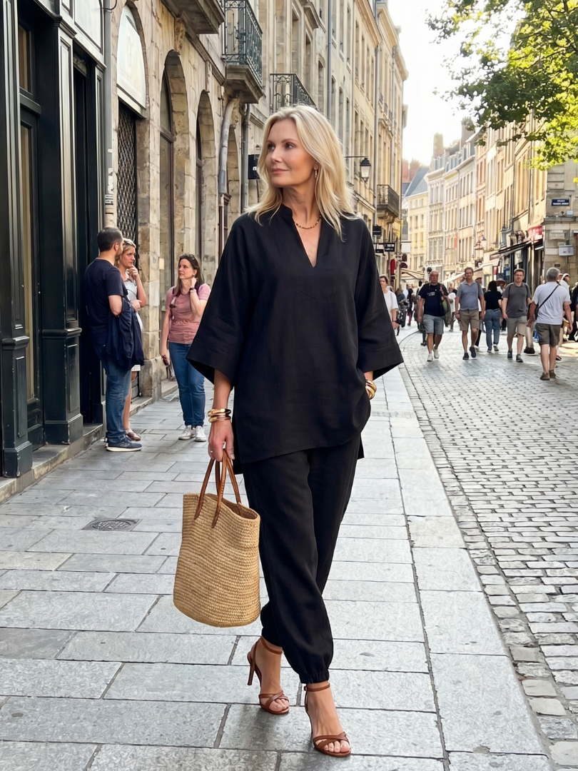 Women’s V-Neck Two-Piece Tunic And Gathered Trousers Set