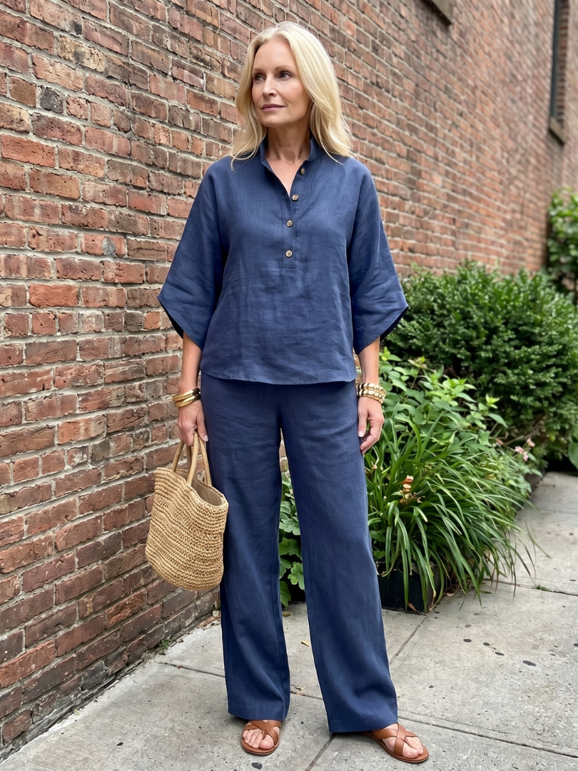 Women’s Button Front Relaxed Tunic And Trousers Set