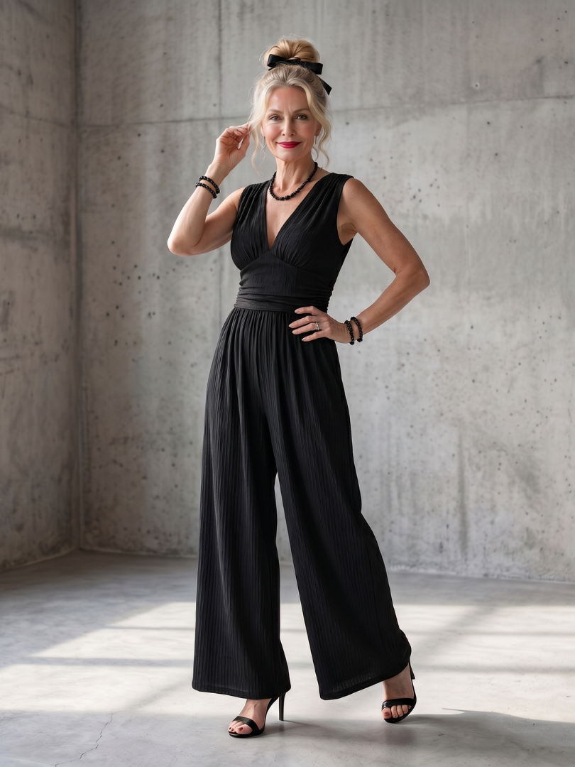 Women’s Deep V-Neck Cinched Waist Wide Leg Jumpsuit