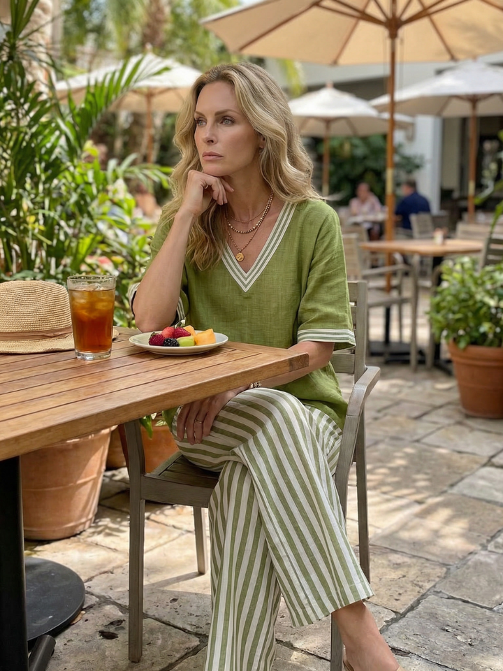 Women’s Contrast V-Neck Two-Piece Tunic And Striped Trousers Set