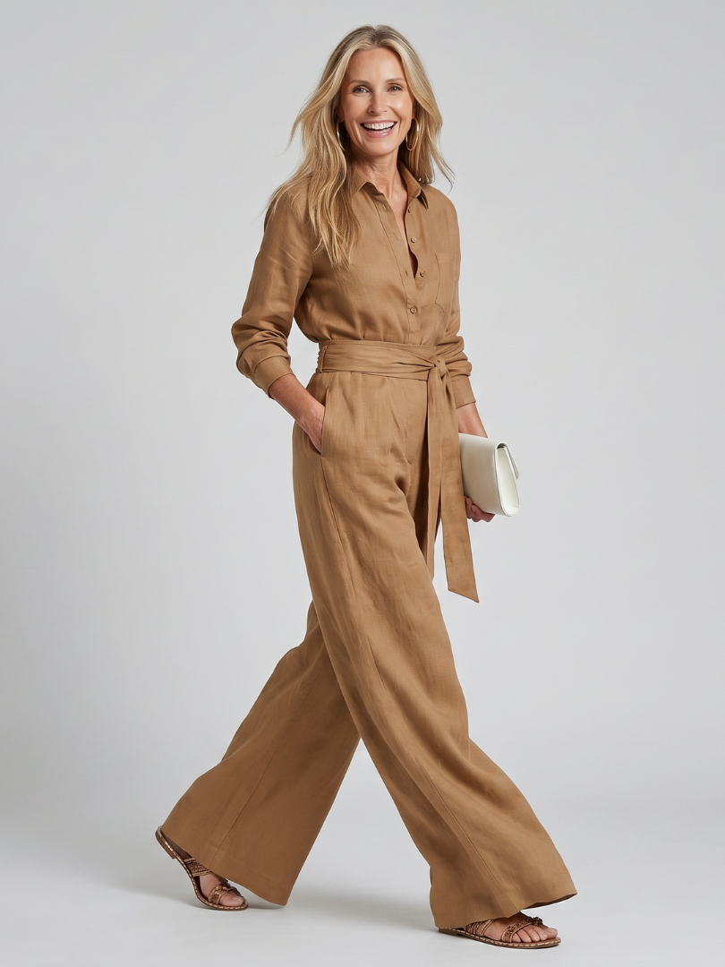 Women’s Long Sleeve Button Front Wide Leg Jumpsuit