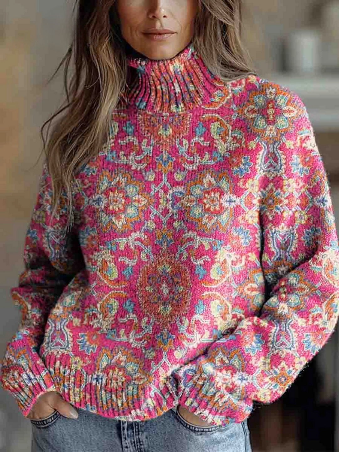 Women’s Retro Floral Print Long Sleeve Turtleneck Top