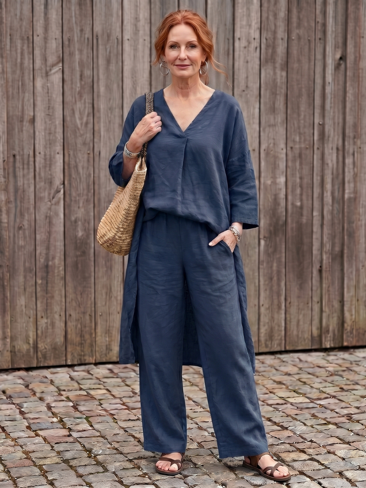 Women’s Loose Two Piece Tunic Top And Wide Leg Pants Set