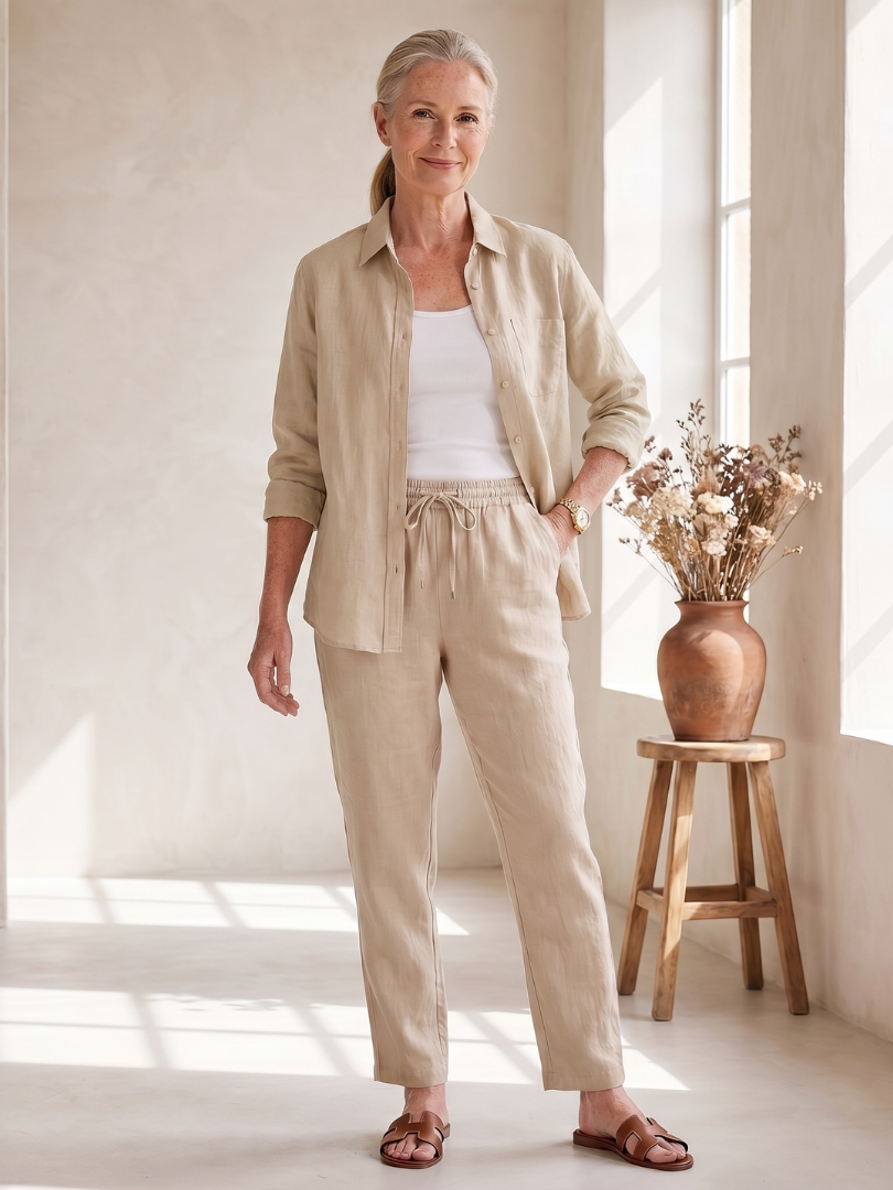 Women’s Long Sleeve Button Down Shirt And Tapered Pants Set