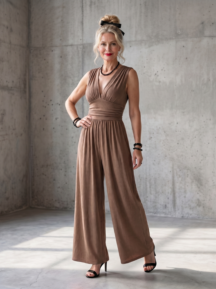 Women’s Deep V-Neck Cinched Waist Wide Leg Jumpsuit