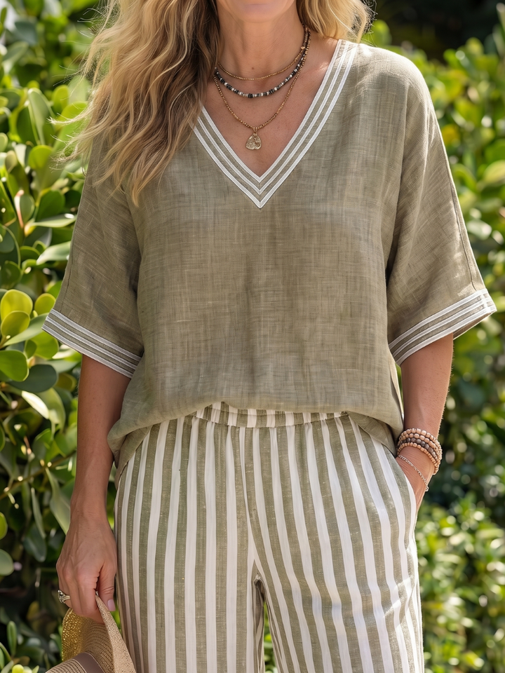 Women’s Contrast V-Neck Two-Piece Tunic And Striped Trousers Set