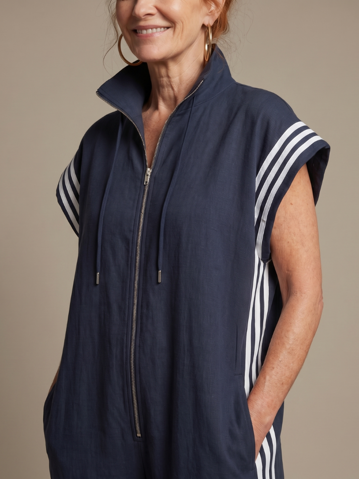 Women’s Zip Front Striped Panel Jumpsuit