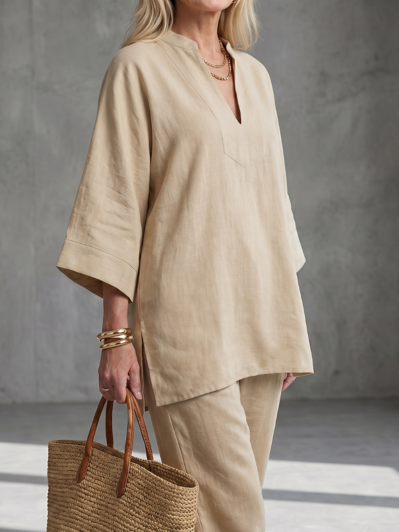 Women’s V-Neck Two-Piece Tunic And Gathered Trousers Set