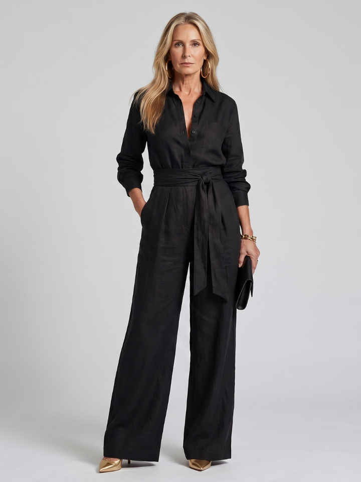 Women’s Long Sleeve Button Front Wide Leg Jumpsuit