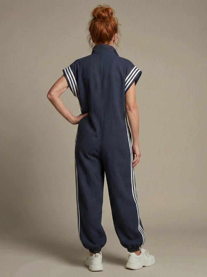 Women’s Zip Front Striped Panel Jumpsuit