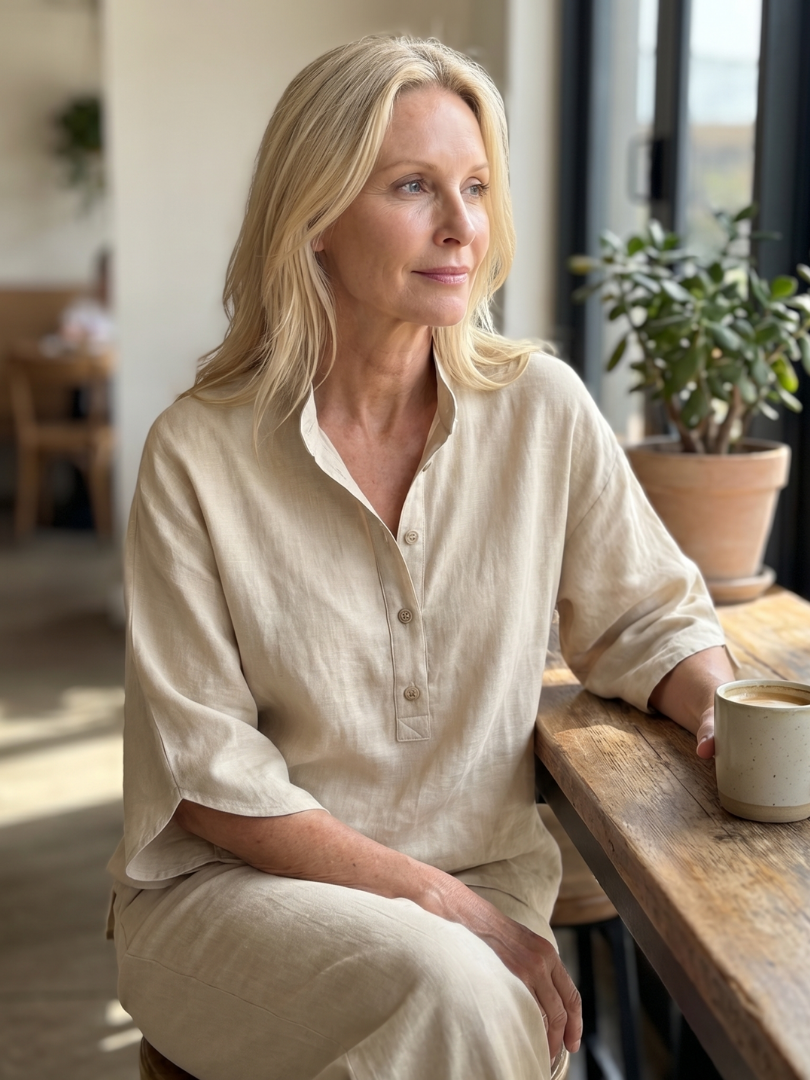 Women’s Button Front Relaxed Tunic And Trousers Set