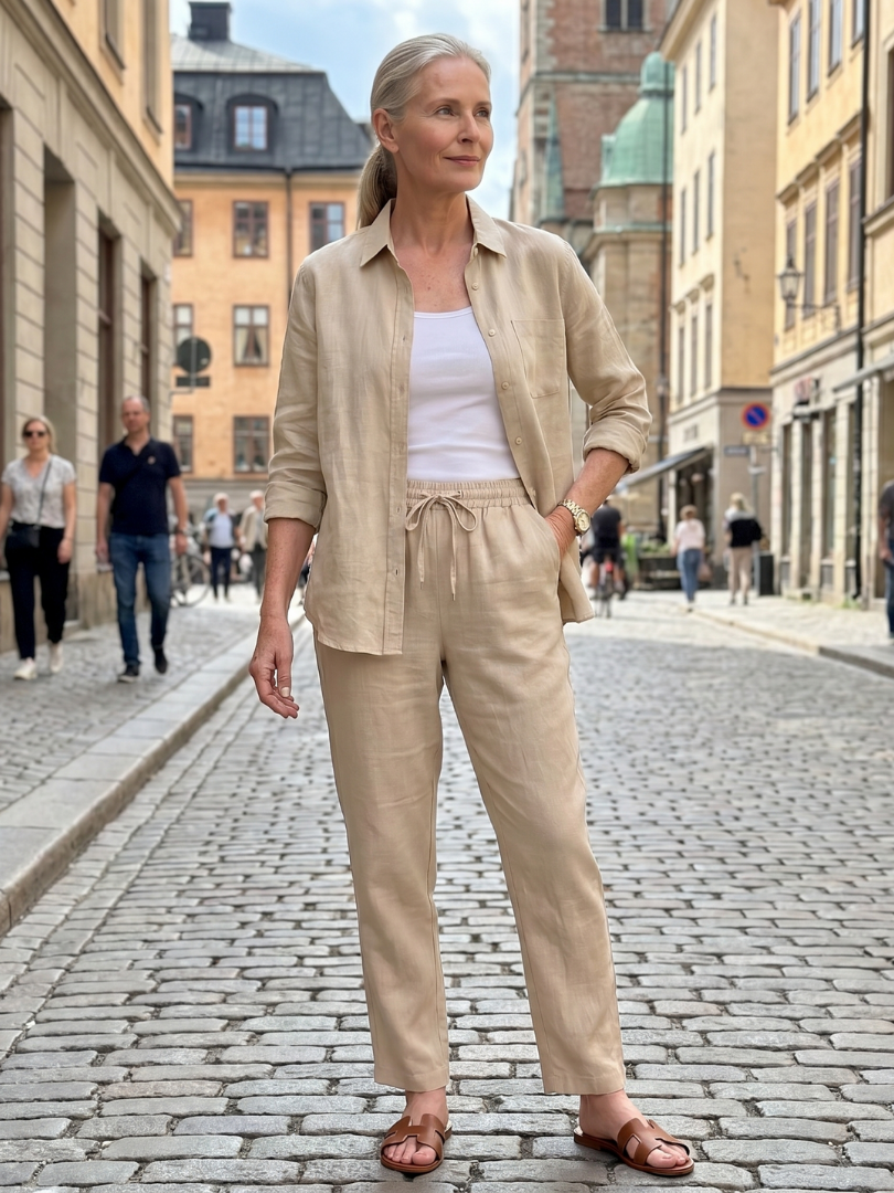 Women’s Long Sleeve Button Down Shirt And Tapered Pants Set