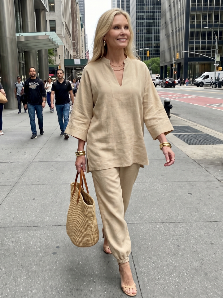 Women’s V-Neck Two-Piece Tunic And Gathered Trousers Set