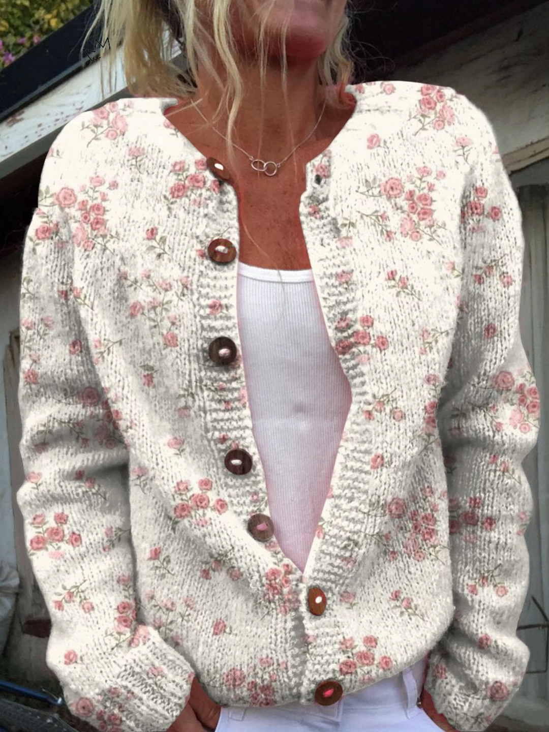 Women’s Pink Floral Print Button-Front Cardigan