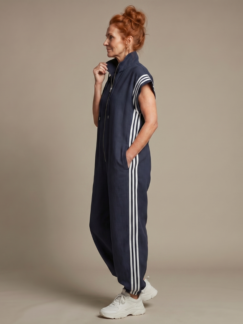 Women’s Zip Front Striped Panel Jumpsuit