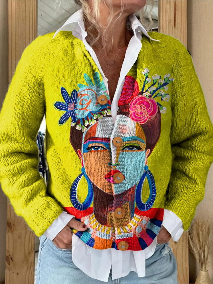 Women’s Portrait Graphic Print Buttoned Cardigan