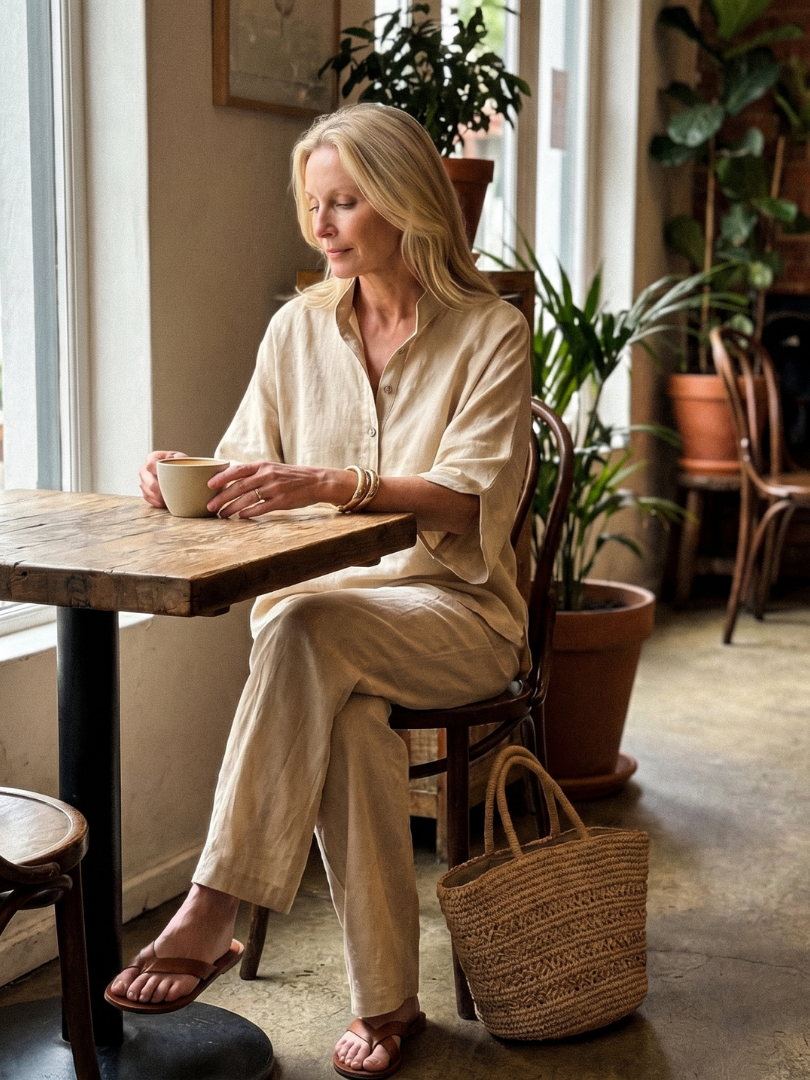 Women’s Button Front Relaxed Tunic And Trousers Set