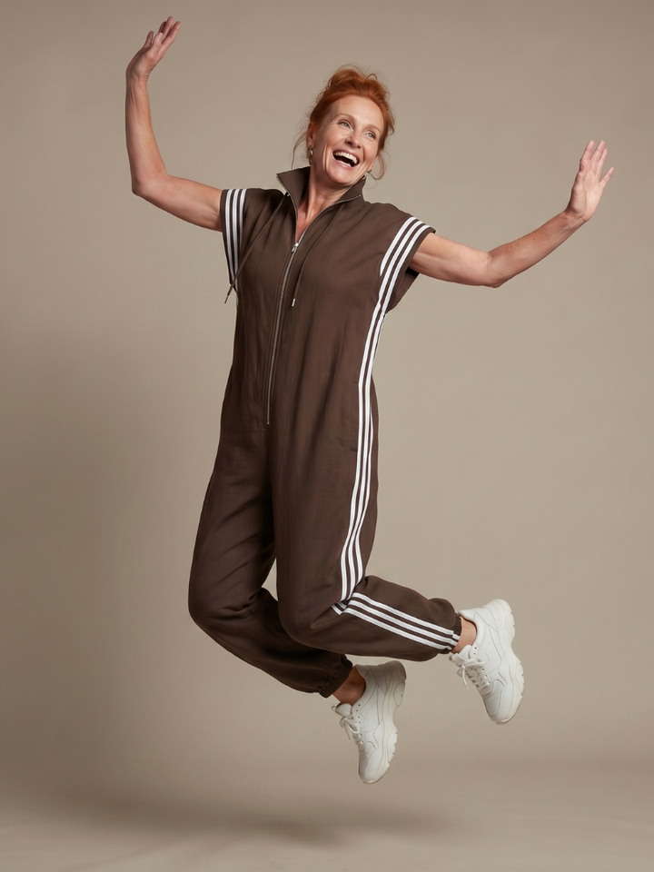 Women’s Zip Front Striped Panel Jumpsuit