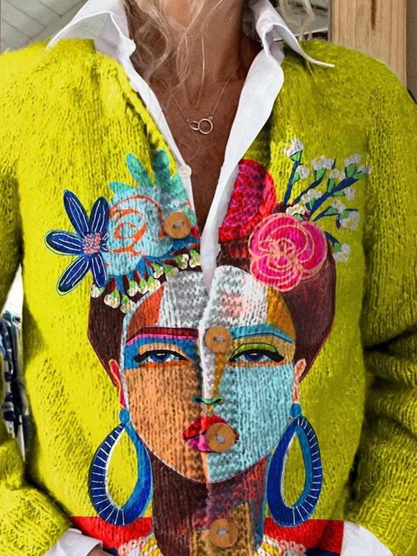 Women’s Portrait Graphic Print Buttoned Cardigan