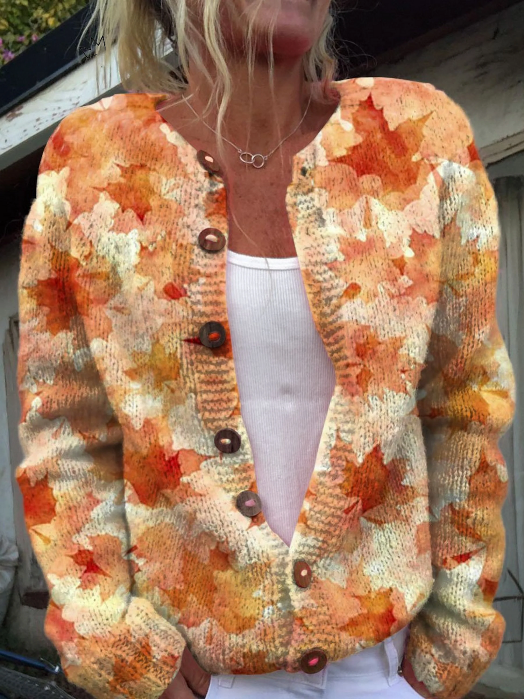 Women’s Autumn Maple Leaf Print Button Down Cardigan