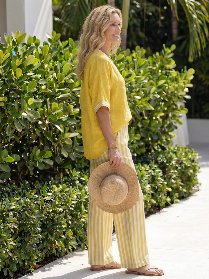 Women’s Contrast V-Neck Two-Piece Tunic And Striped Trousers Set