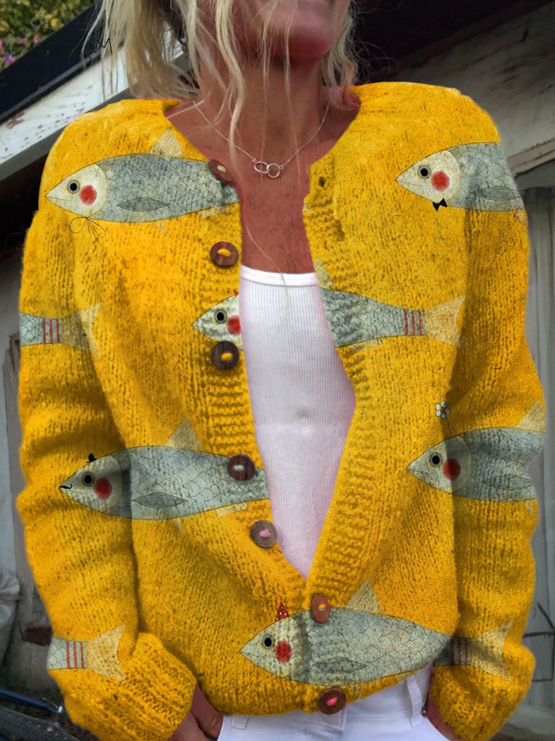 Women’s Vintage Fish Print Button-Up Cardigan