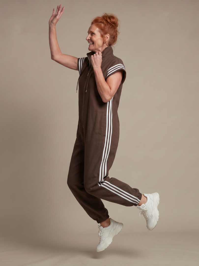 Women’s Zip Front Striped Panel Jumpsuit