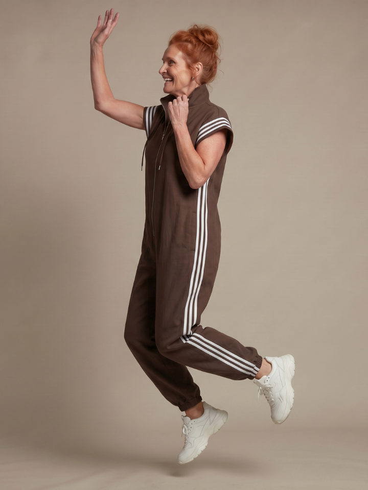 Women’s Zip Front Striped Panel Jumpsuit
