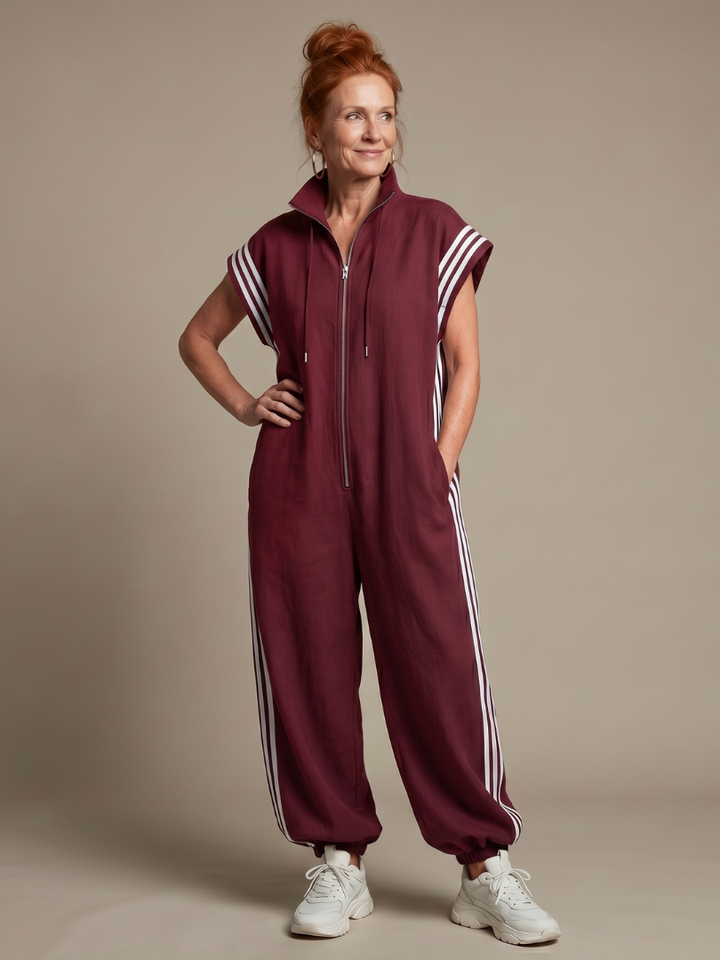 Women’s Zip Front Striped Panel Jumpsuit