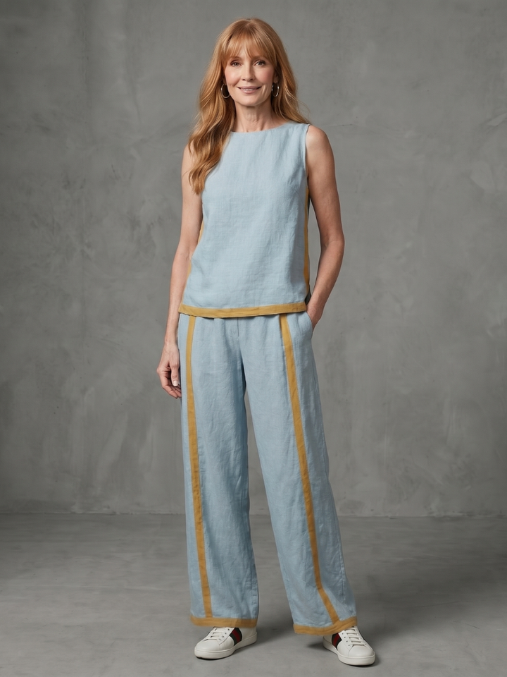 Women’s Sleeveless Wide-Leg Contrast Two-Piece Pants Set