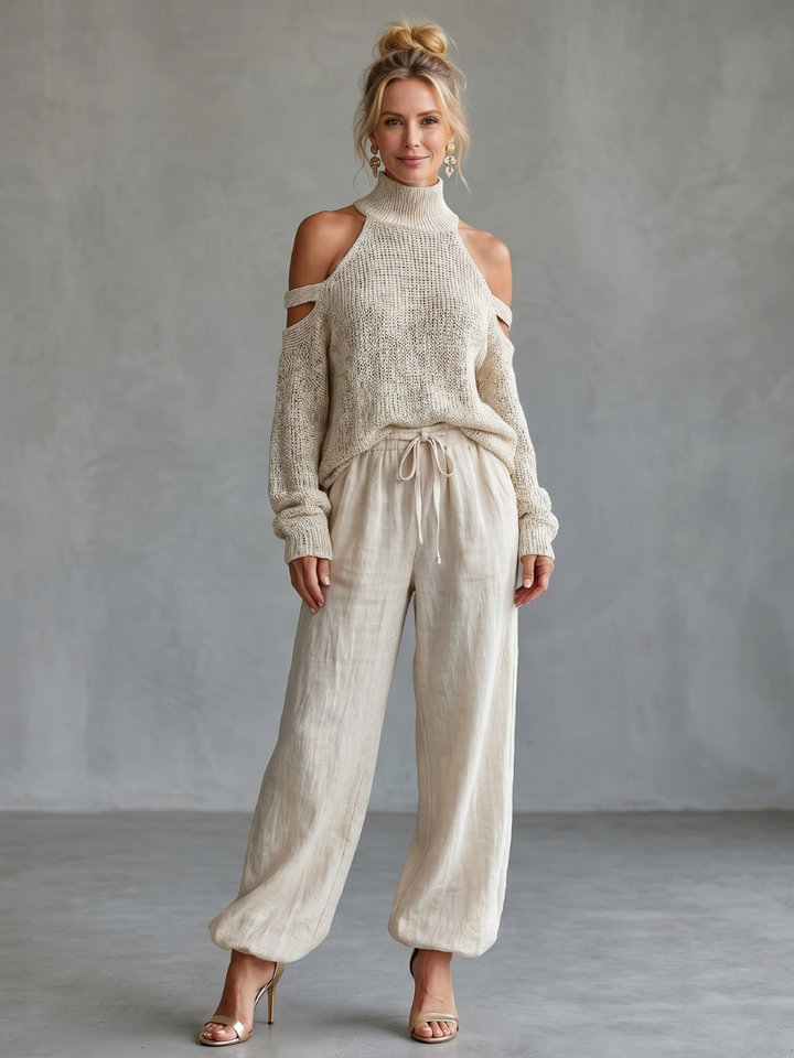 Women’s Open Shoulder Knit Top and Wide Leg Pants Set