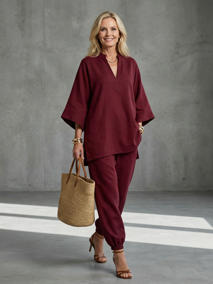 Women’s V-Neck Two-Piece Tunic And Gathered Trousers Set