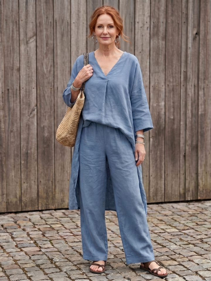 Women’s Loose Two Piece Tunic Top And Wide Leg Pants Set