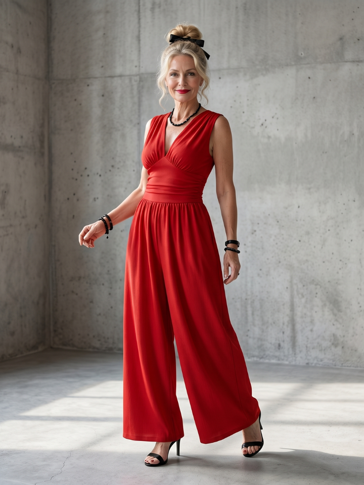 Women’s Deep V-Neck Cinched Waist Wide Leg Jumpsuit