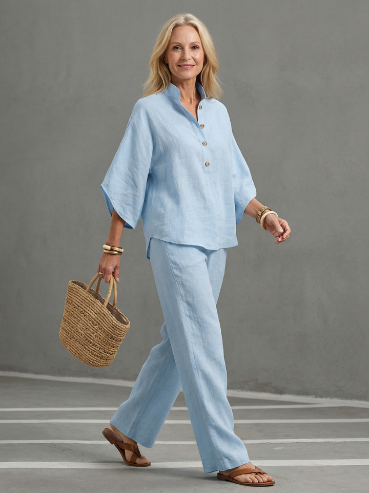 Women’s Button Front Relaxed Tunic And Trousers Set