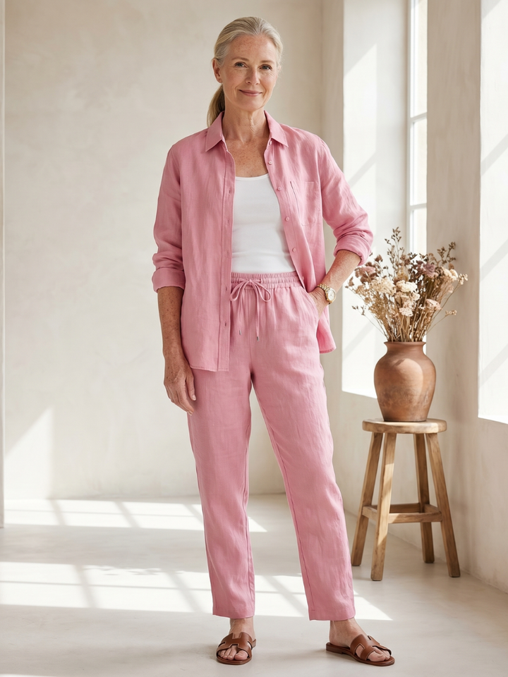 Women’s Long Sleeve Button Down Shirt And Tapered Pants Set