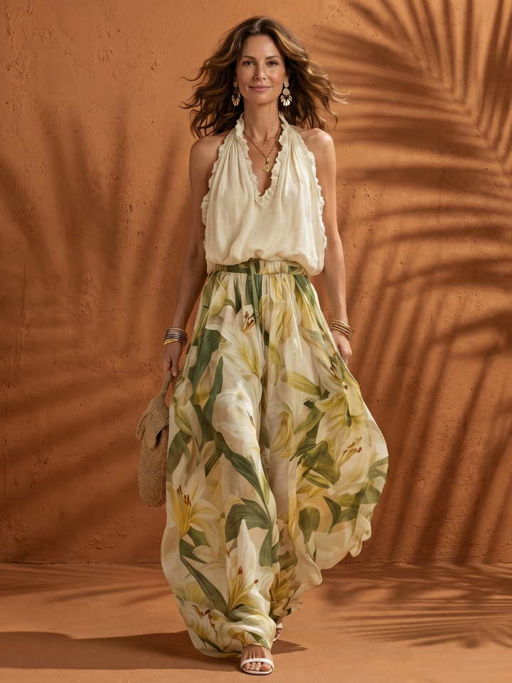 Women’s Halter Neck Floral Blouse And Wide Leg Pants Set