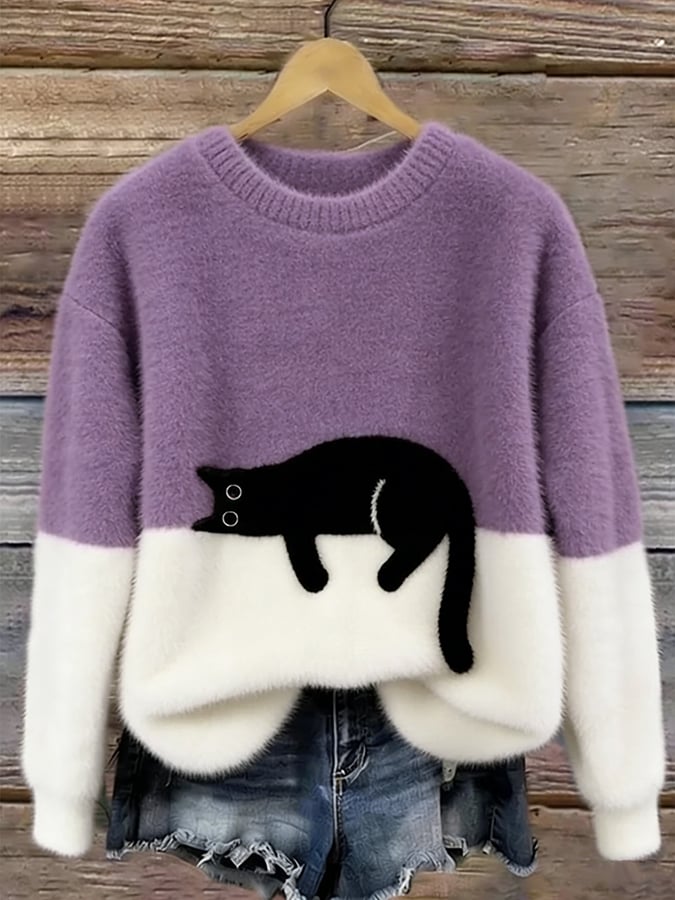 Women’s Oversized Cat Print Pullover Sweater