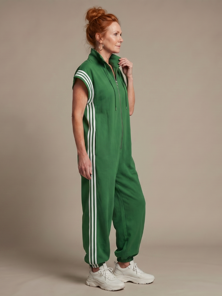 Women’s Zip Front Striped Panel Jumpsuit
