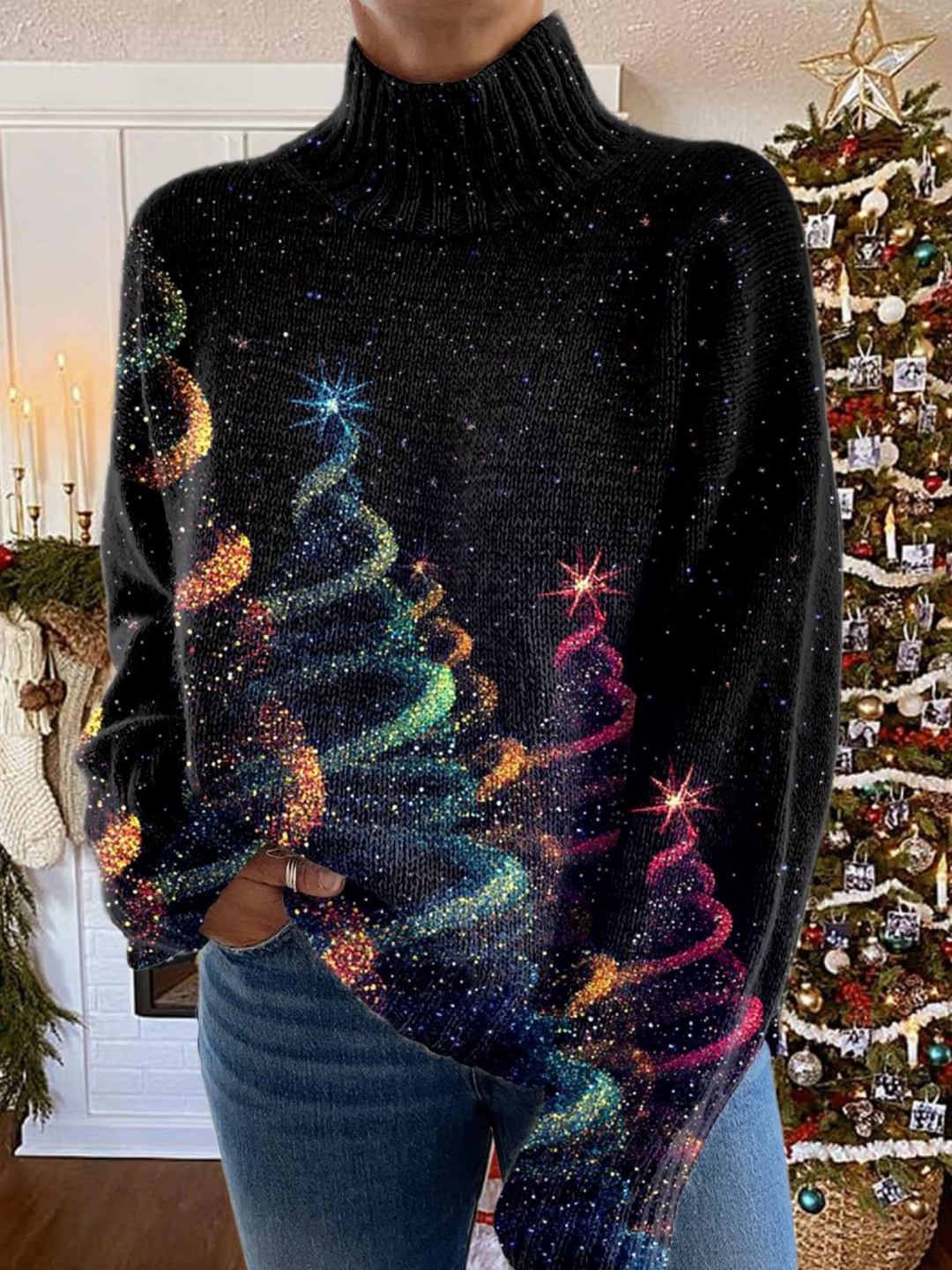 Women’s Glitter Christmas Tree Turtleneck Sweater