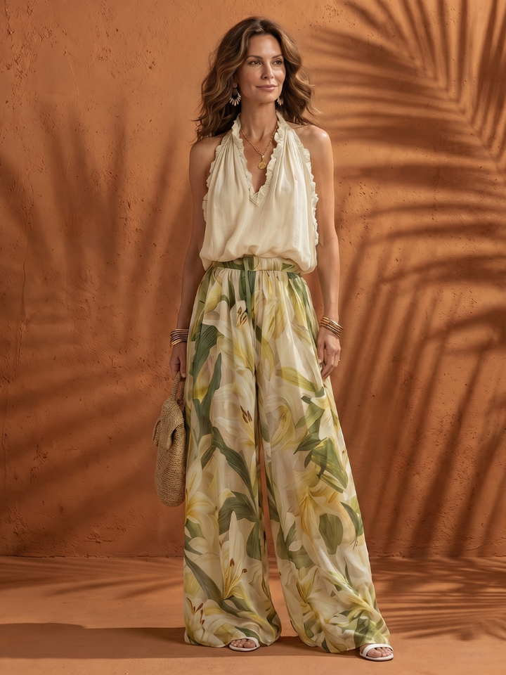 Women’s Halter Neck Floral Blouse And Wide Leg Pants Set