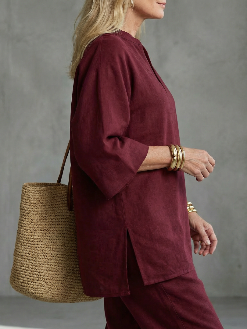 Women’s V-Neck Two-Piece Tunic And Gathered Trousers Set