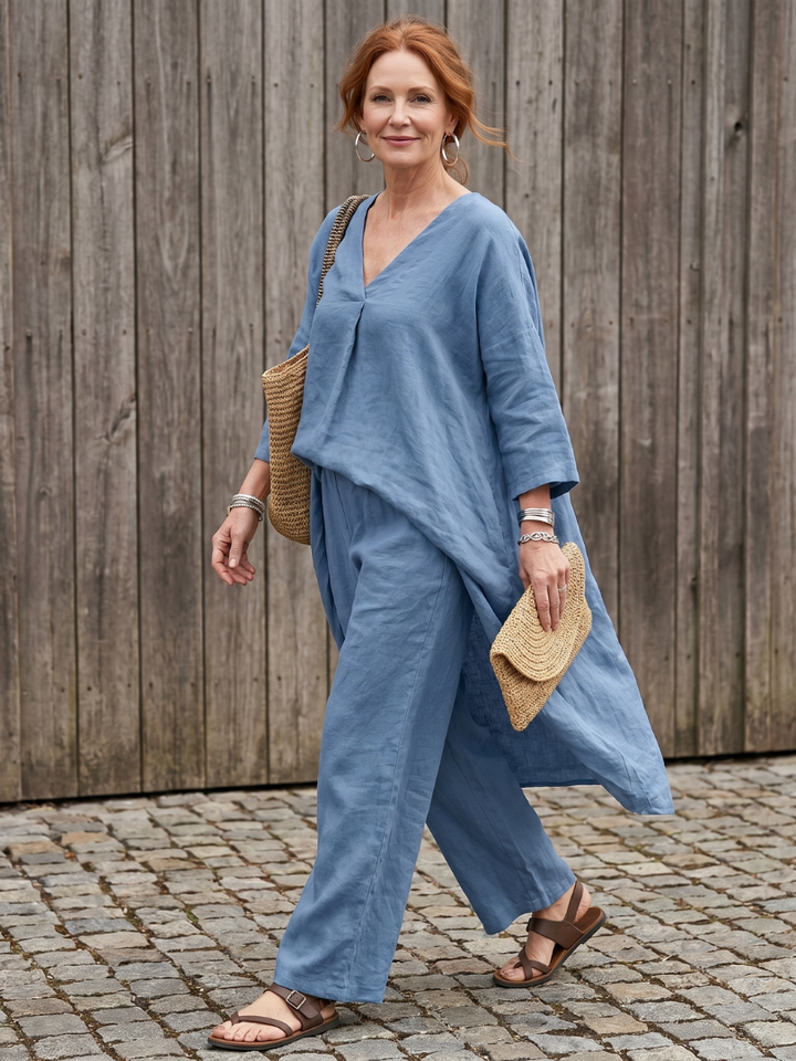 Women’s Loose Two Piece Tunic Top And Wide Leg Pants Set