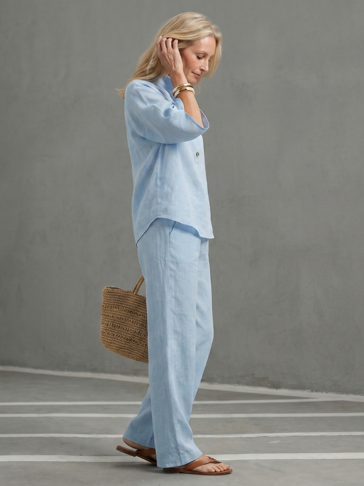 Women’s Button Front Relaxed Tunic And Trousers Set