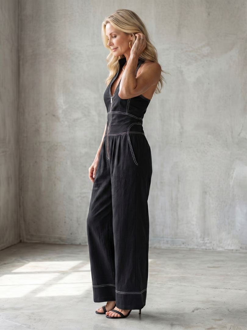 Women’s Zip Front Contrast Stitch Wide Leg Jumpsuit