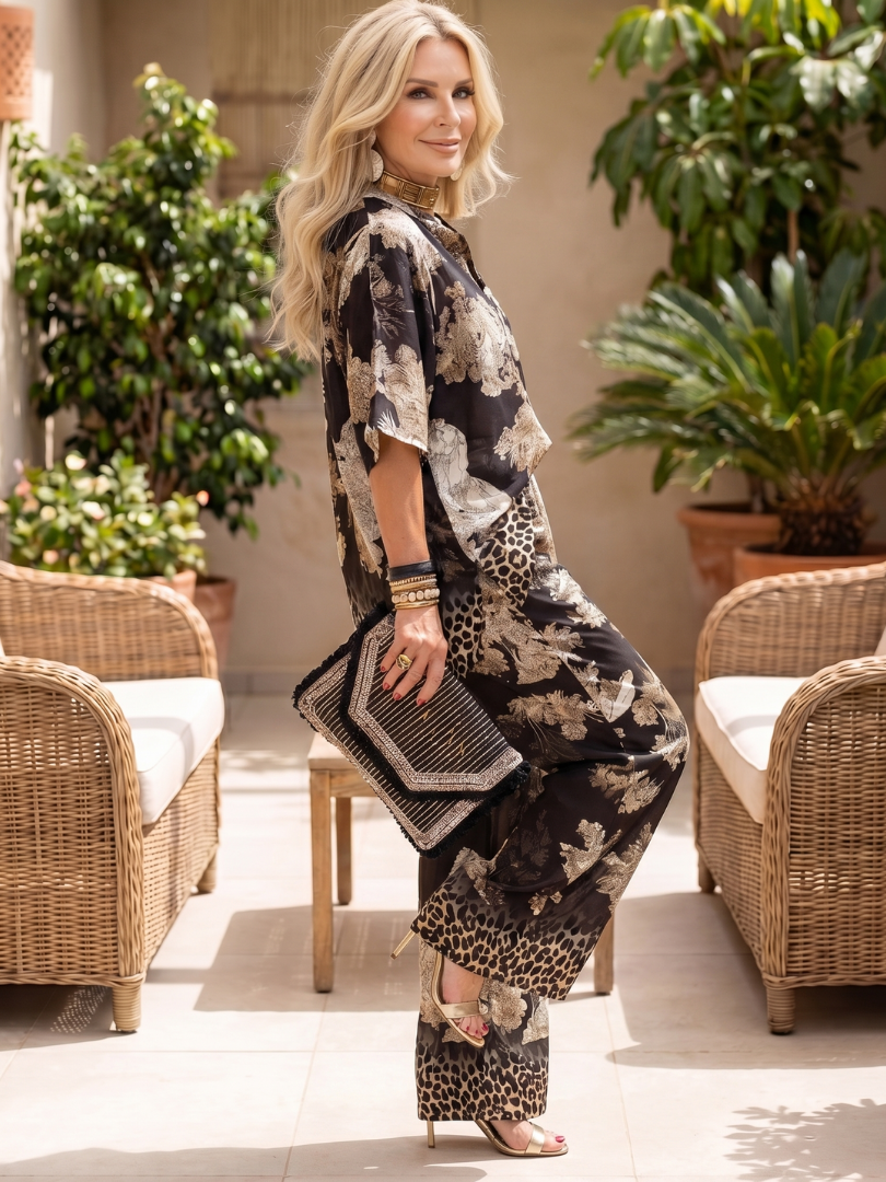 Women’s Printed Wrap Top And Wide Leg Pants Set