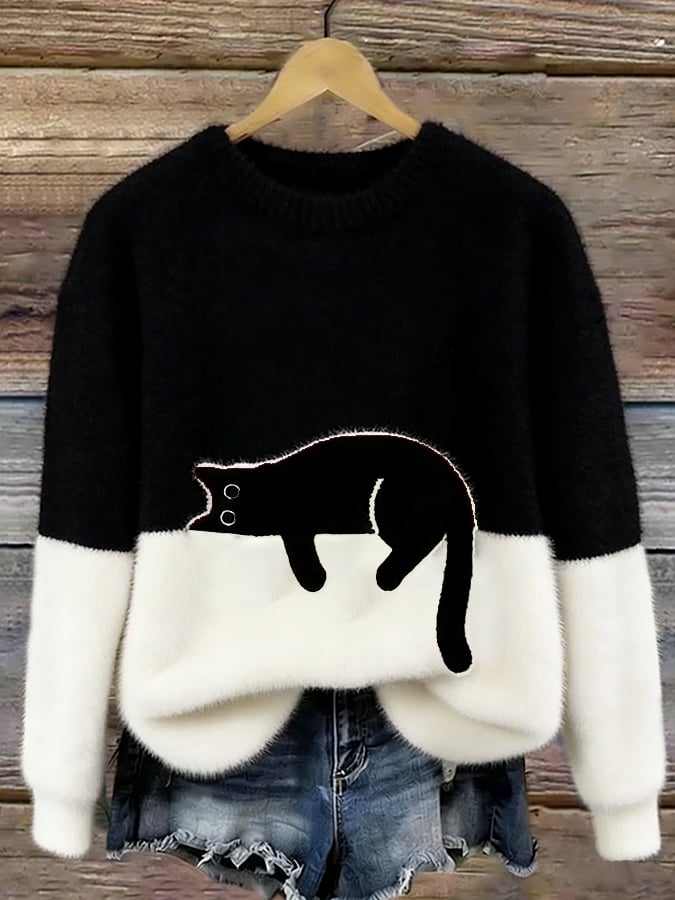 Women’s Oversized Cat Print Pullover Sweater