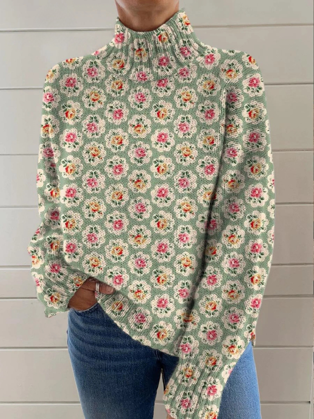 Women’s Floral Print Long Sleeve Turtleneck Top